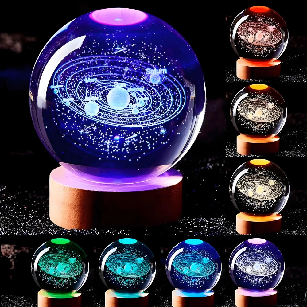 Luminária de Mesa Bola de Cristal Galáxia LED Base de Madeira