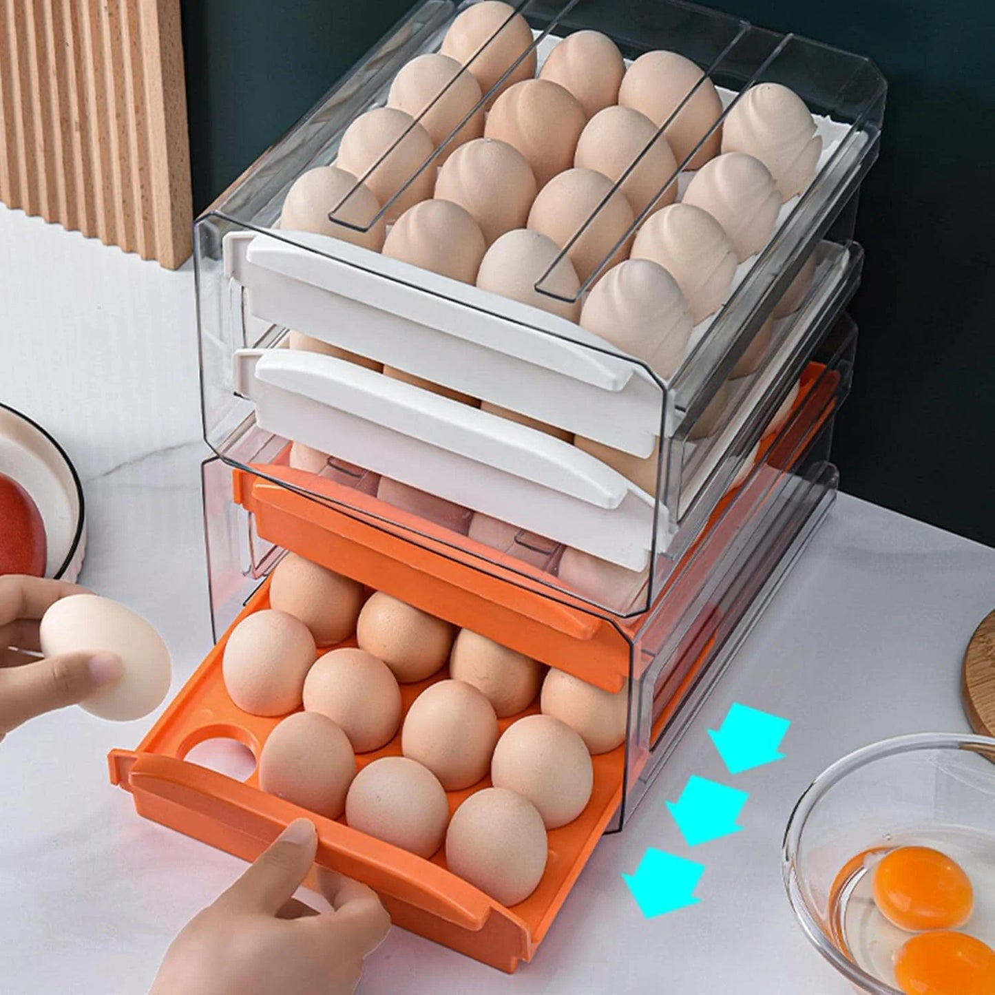 Rolagem automática Egg Rack Holder, caixa de armazenamento, Egg Basket Container, Organizador Rolldown Frigorífico, Double-Layer
