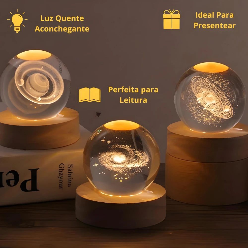 Luminária de Mesa Bola de Cristal Galáxia LED Base de Madeira