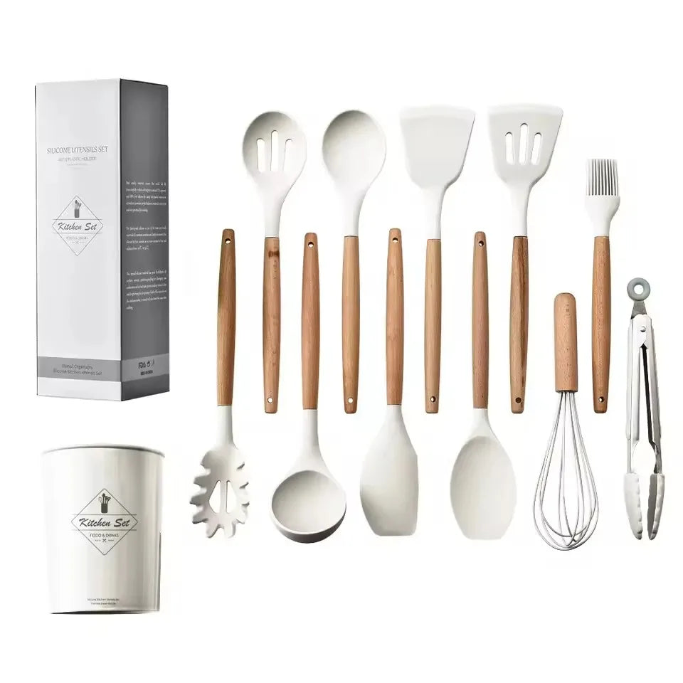Kit 12 Utensílios de Silicone Food Grade com Cabo de Madeira