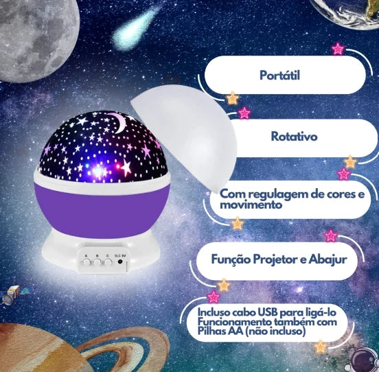 Luminária Projetora Estrelas e Lua 360°