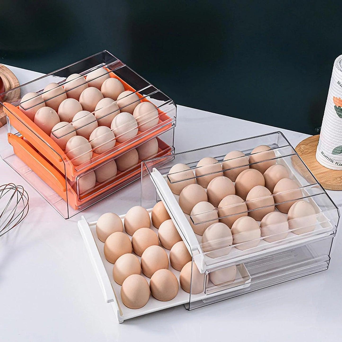 Rolagem automática Egg Rack Holder, caixa de armazenamento, Egg Basket Container, Organizador Rolldown Frigorífico, Double-Layer