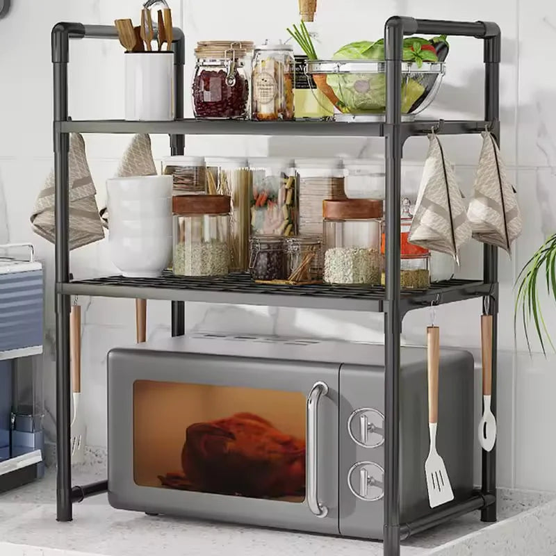 Prateleira Sobre Microondas, Organizador de Bancada, Rack para Utensílios de Cozinha, Armazenamento Resistente com Ganchos