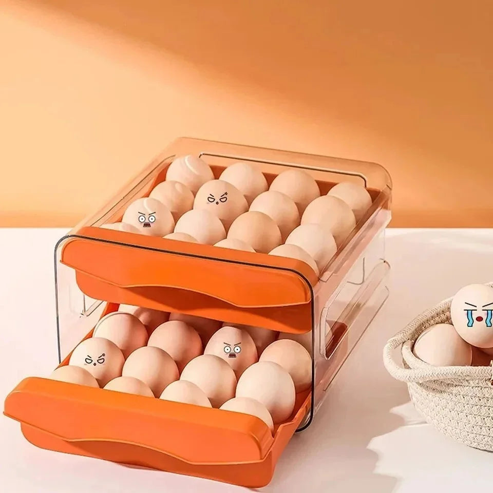 Rolagem automática Egg Rack Holder, caixa de armazenamento, Egg Basket Container, Organizador Rolldown Frigorífico, Double-Layer
