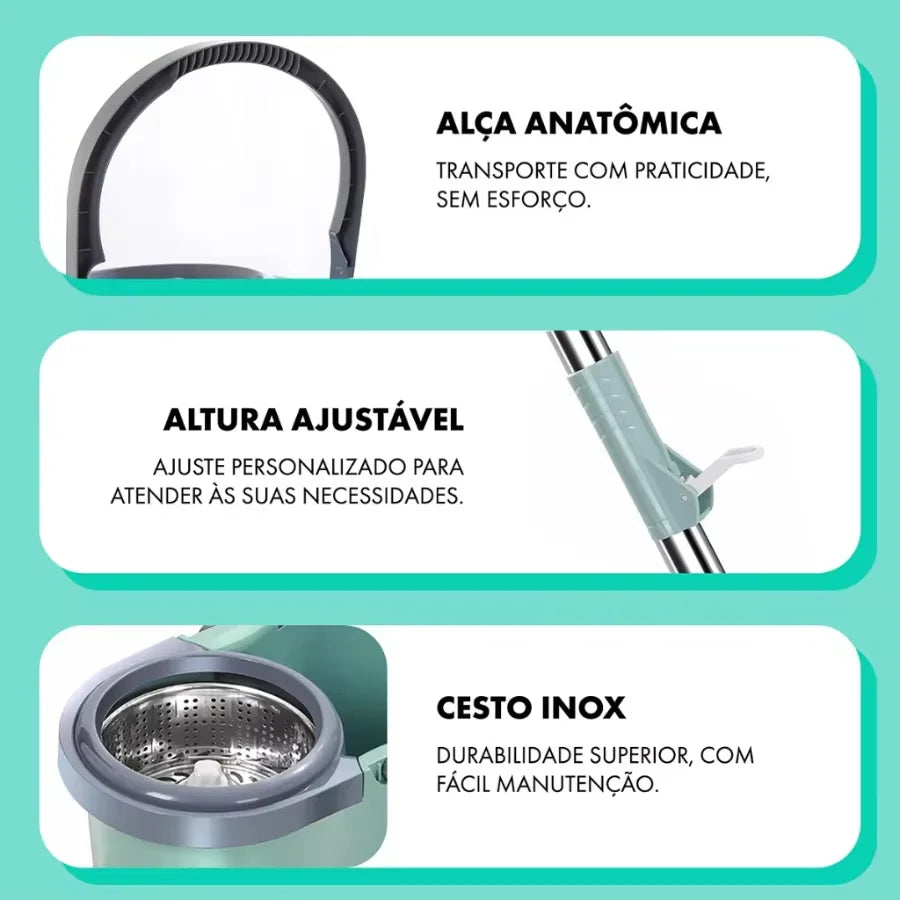 Mop 360º Rotativo com Balde Inox 12L e Cabo de 1,10m