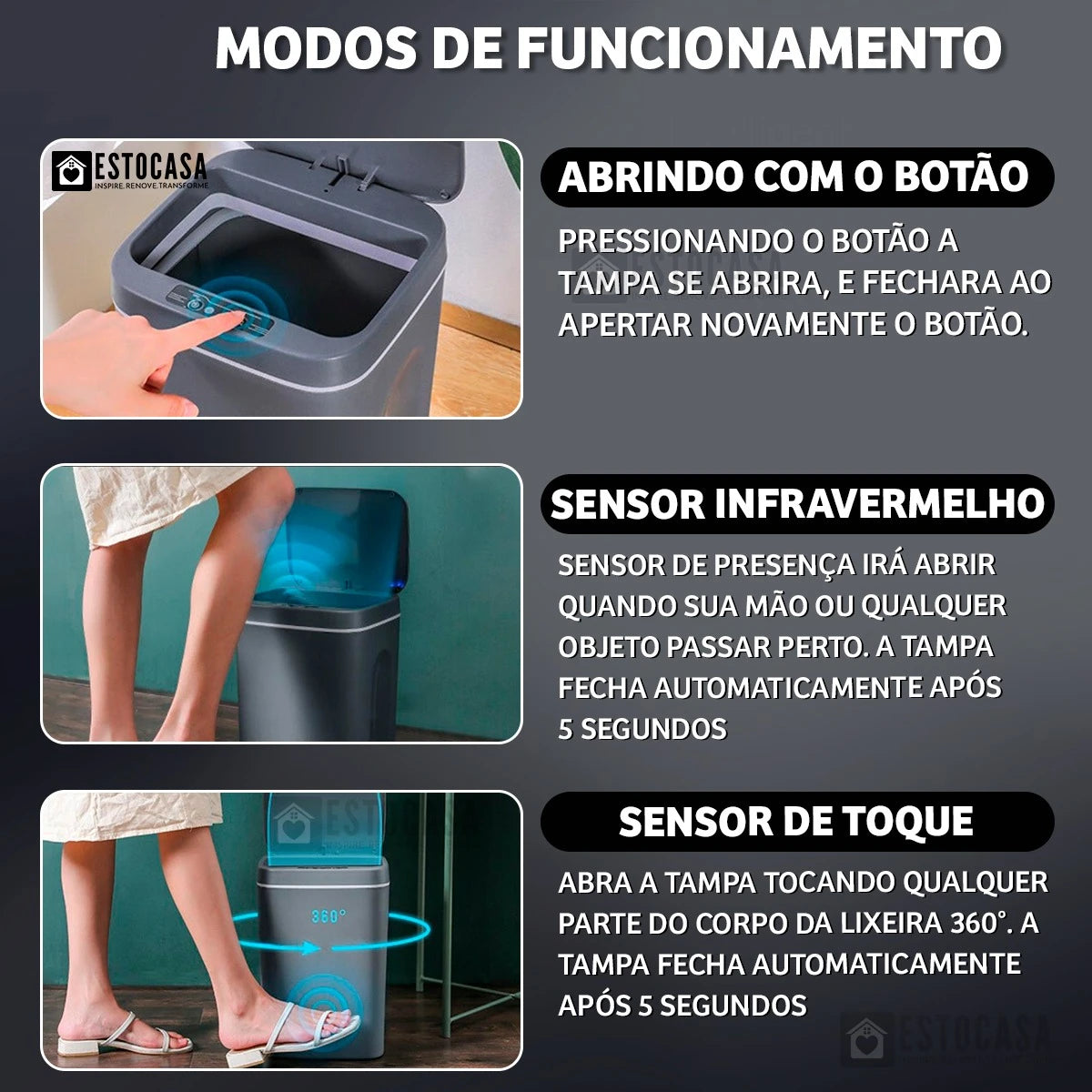 Lixeira Automática 14L com Sensor e Fechamento Inteligente