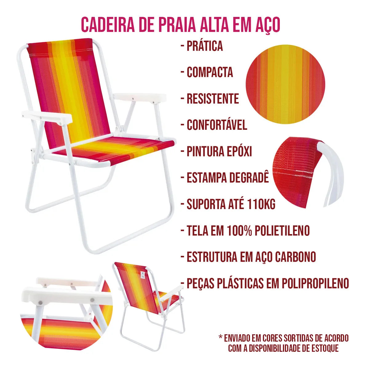 Cadeira Alta de Aço Dobrável para Praia e Piscina