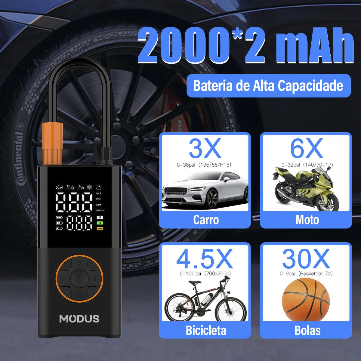 Mini Compressor de Ar Recarregável com Bomba, Calibrador e Luz LED