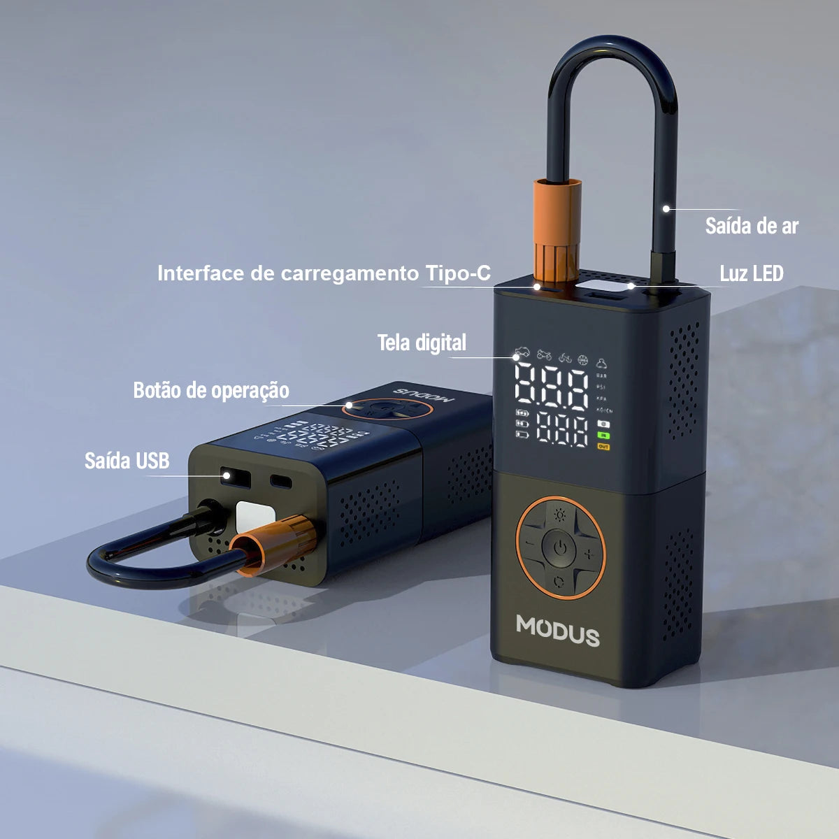 Mini Compressor de Ar Recarregável com Bomba, Calibrador e Luz LED