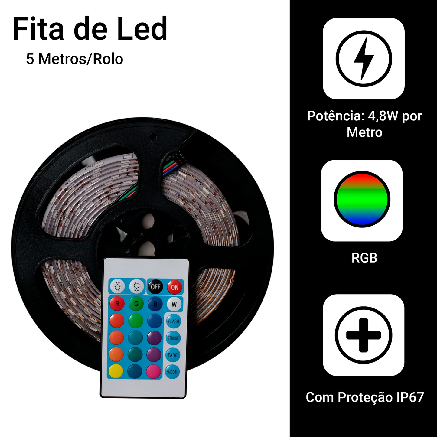 Fita LED RGB 5050 5m IP65 com Controle e Fonte 12V