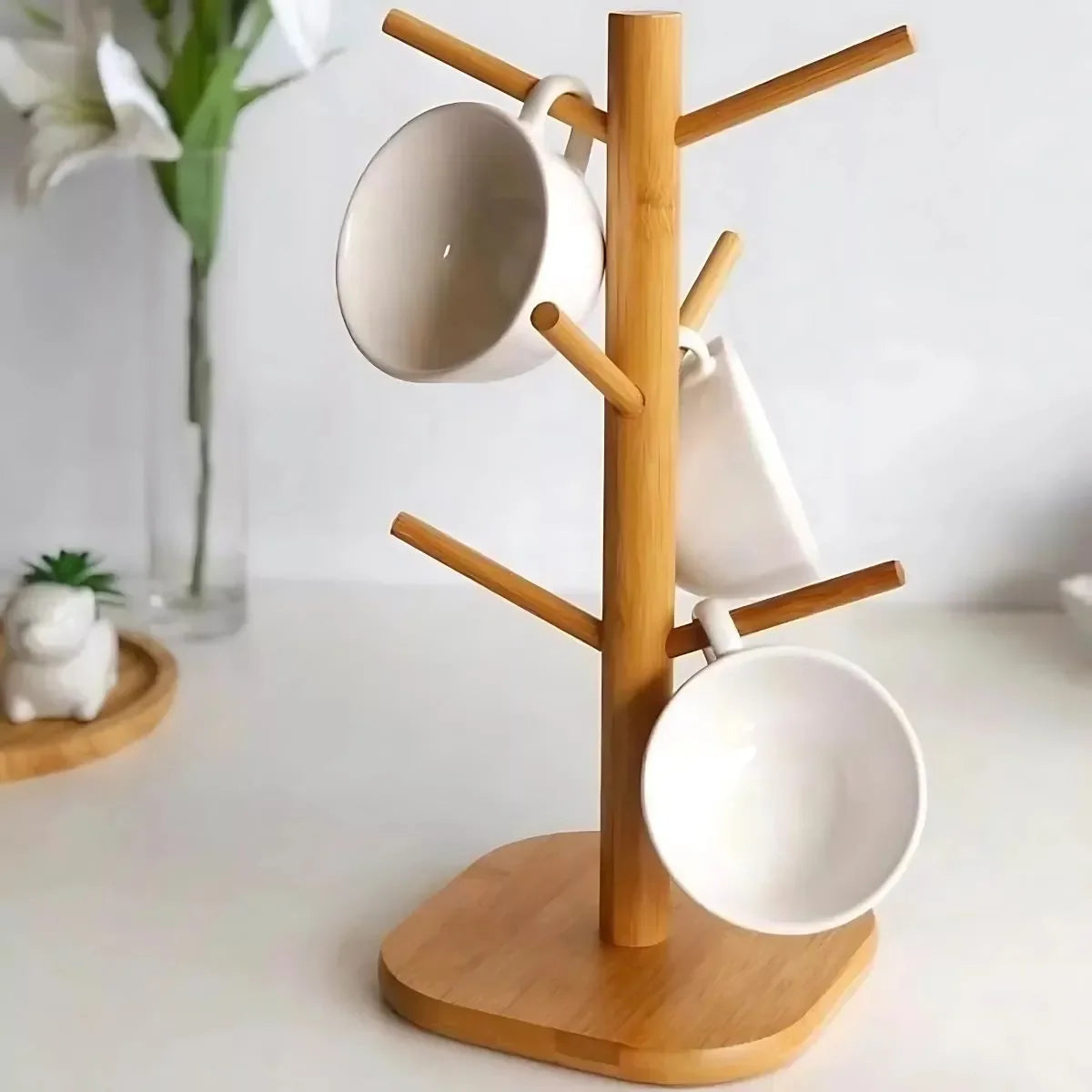 Suporte de Canecas em Bambu – 6 Postes Verticais