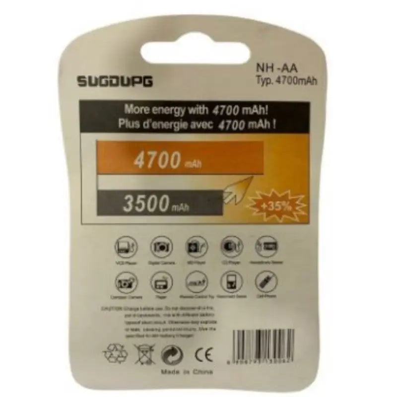 Pilhas AA Sugdupg Recarregáveis 4700mAh – Kit com 4 Unidades