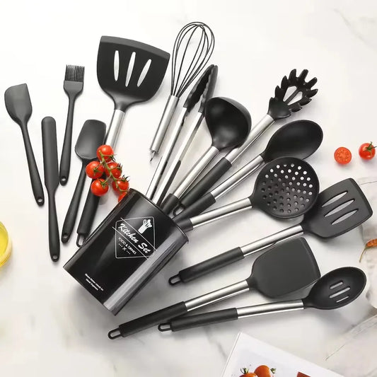 Kit 12 Utensílios de Silicone Food Grade com Cabo de Madeira