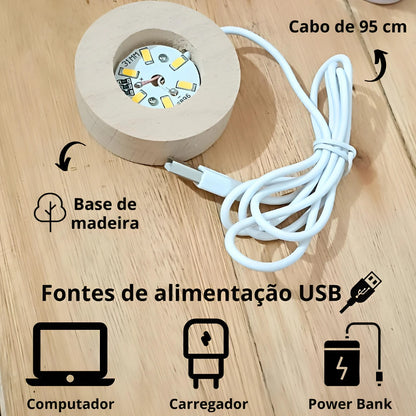 Luminária de Mesa Bola de Cristal Galáxia LED Base de Madeira