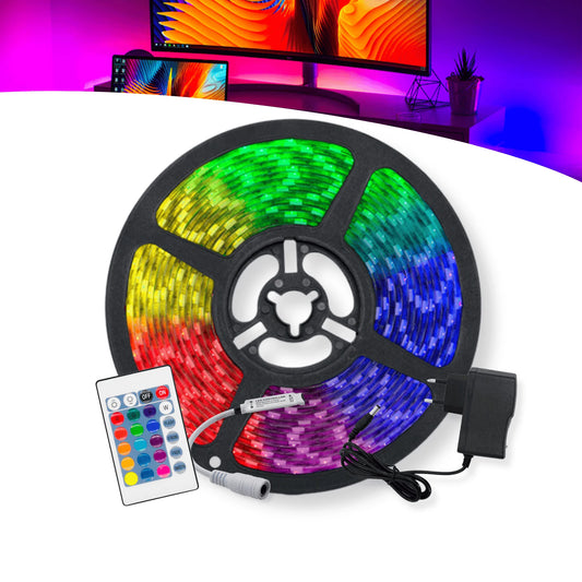Fita LED RGB 5050 5m IP65 com Controle e Fonte 12V