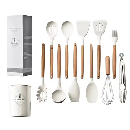 Kit 12 Utensílios de Silicone Food Grade com Cabo de Madeira
