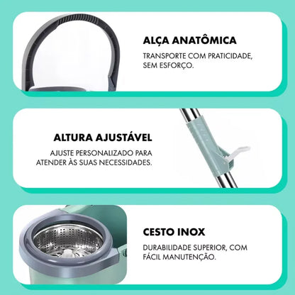 Mop 360º Rotativo com Balde Inox 12L e Cabo de 1,10m