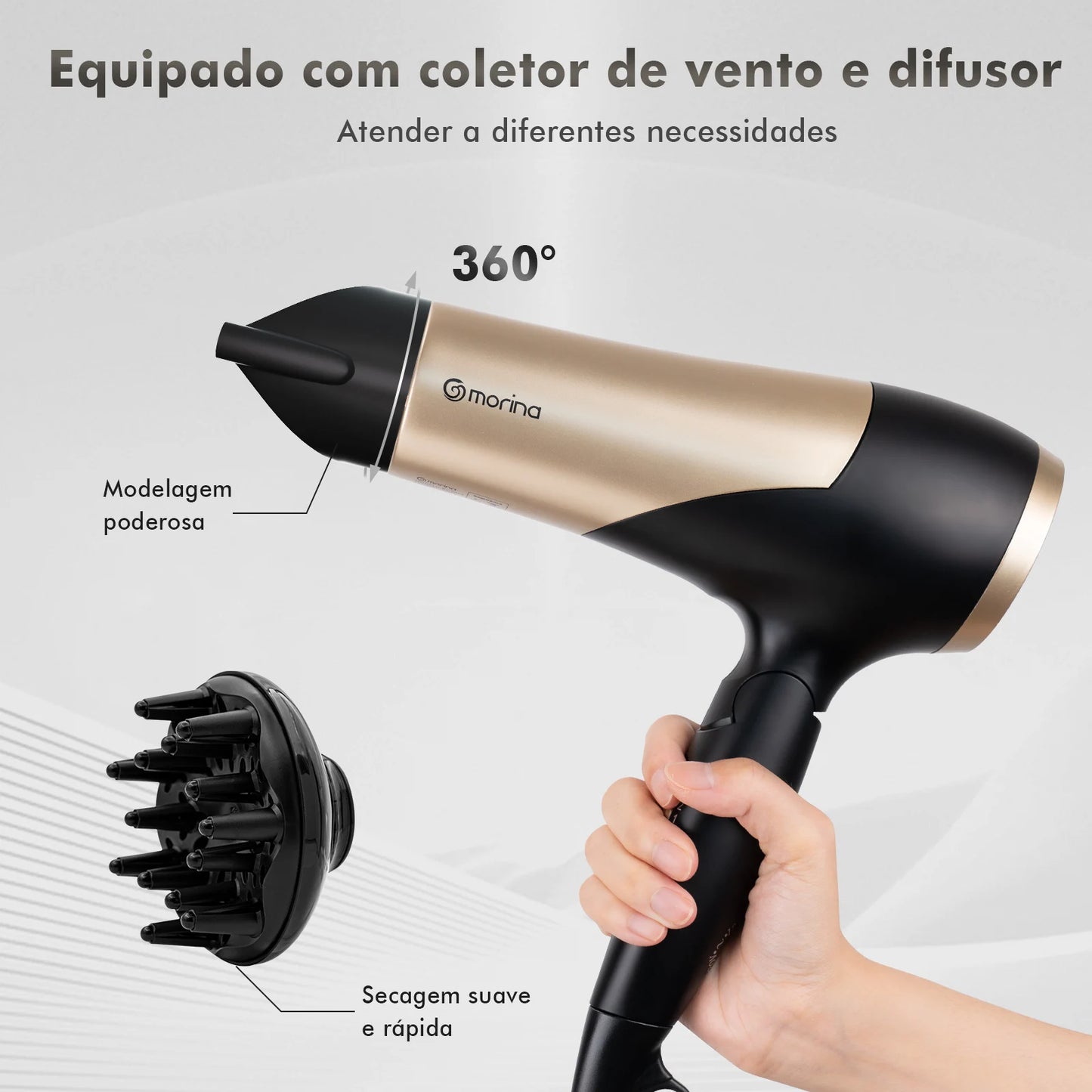 Secador de Cabelo Profissional 1800W – 110/220V Preto e Dourado