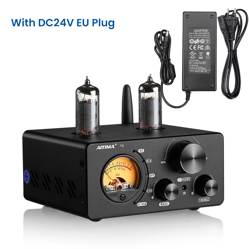 AIYIMA-Amplificador De Tubo De Vácuo, USB DAC Estéreo, HiFi Bluetooth 5.0, Coaxial OPT VU Amplificador De Medidor Alto-falante, Áudio T9