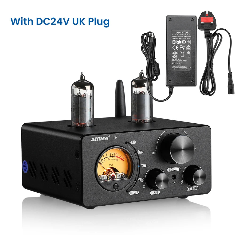 AIYIMA-Amplificador De Tubo De Vácuo, USB DAC Estéreo, HiFi Bluetooth 5.0, Coaxial OPT VU Amplificador De Medidor Alto-falante, Áudio T9