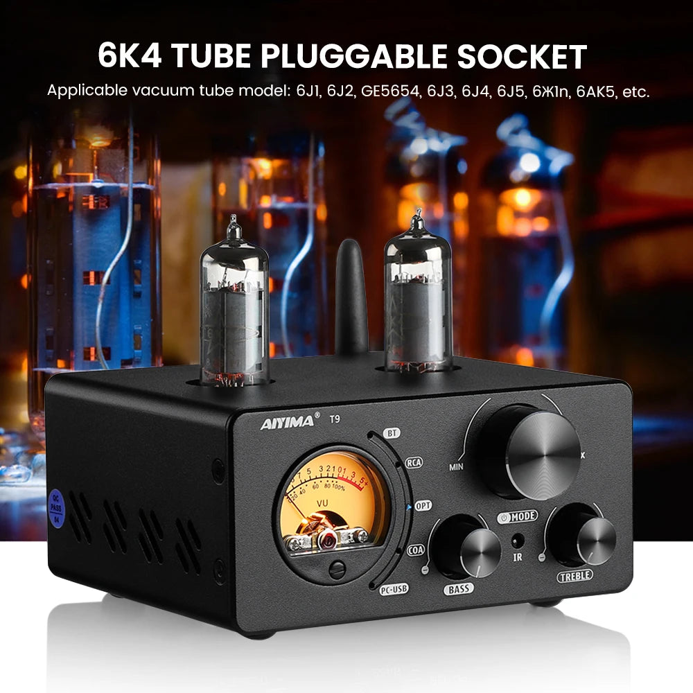 AIYIMA-Amplificador De Tubo De Vácuo, USB DAC Estéreo, HiFi Bluetooth 5.0, Coaxial OPT VU Amplificador De Medidor Alto-falante, Áudio T9