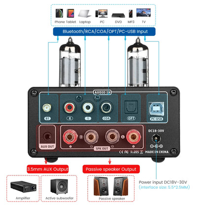 AIYIMA-Amplificador De Tubo De Vácuo, USB DAC Estéreo, HiFi Bluetooth 5.0, Coaxial OPT VU Amplificador De Medidor Alto-falante, Áudio T9