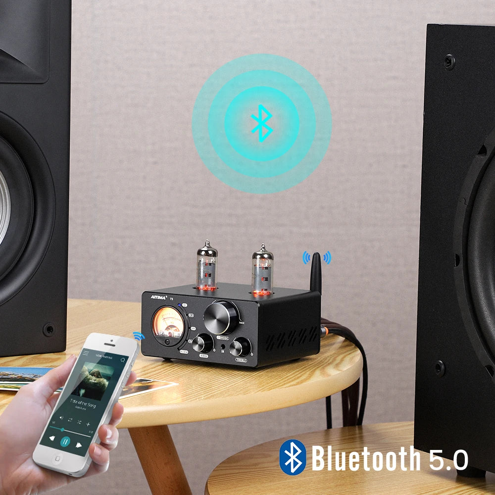 AIYIMA-Amplificador De Tubo De Vácuo, USB DAC Estéreo, HiFi Bluetooth 5.0, Coaxial OPT VU Amplificador De Medidor Alto-falante, Áudio T9