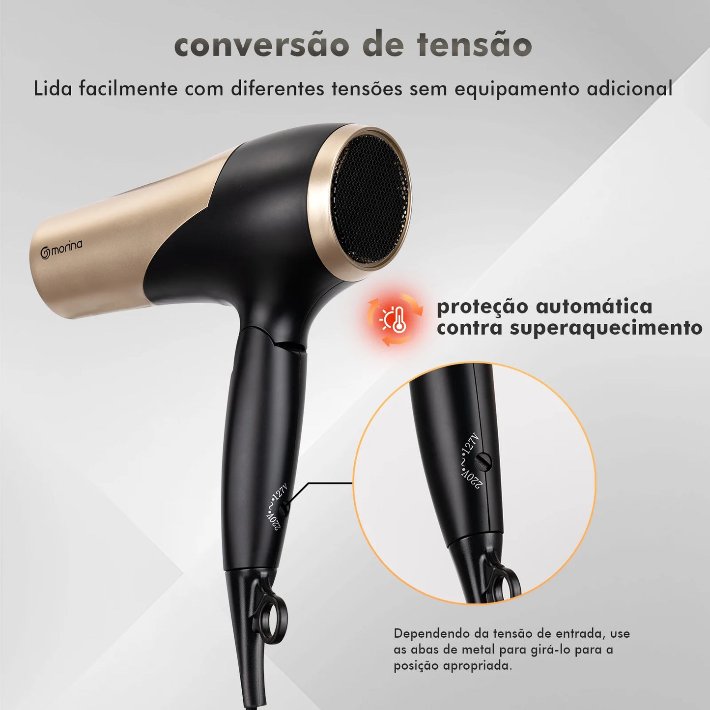 Secador de Cabelo Profissional 1800W – 110/220V Preto e Dourado