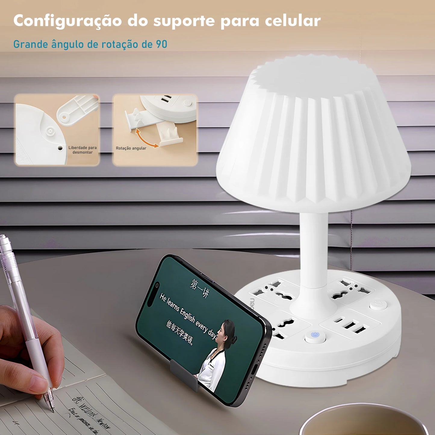 Luminária de Mesa com Tomada – LED 110–220V e Filtro de Linha