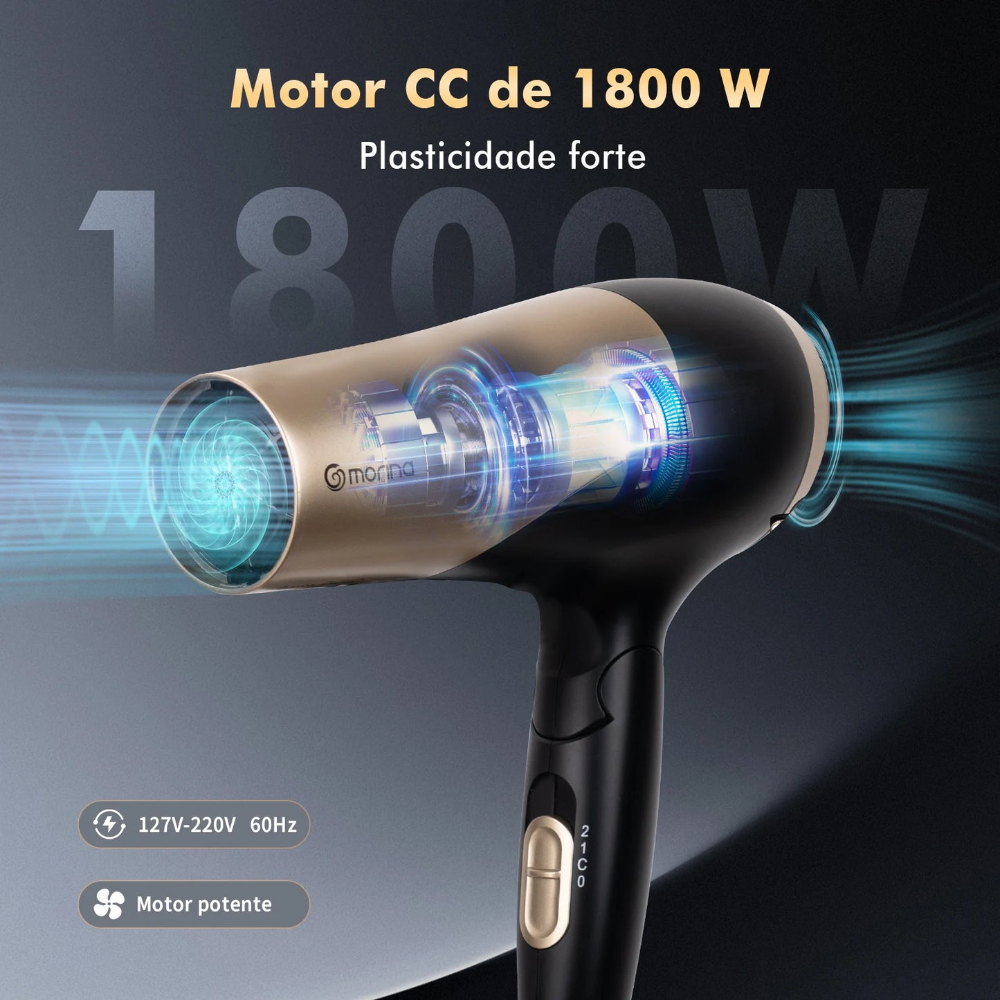 Secador de Cabelo Profissional 1800W – 110/220V Preto e Dourado