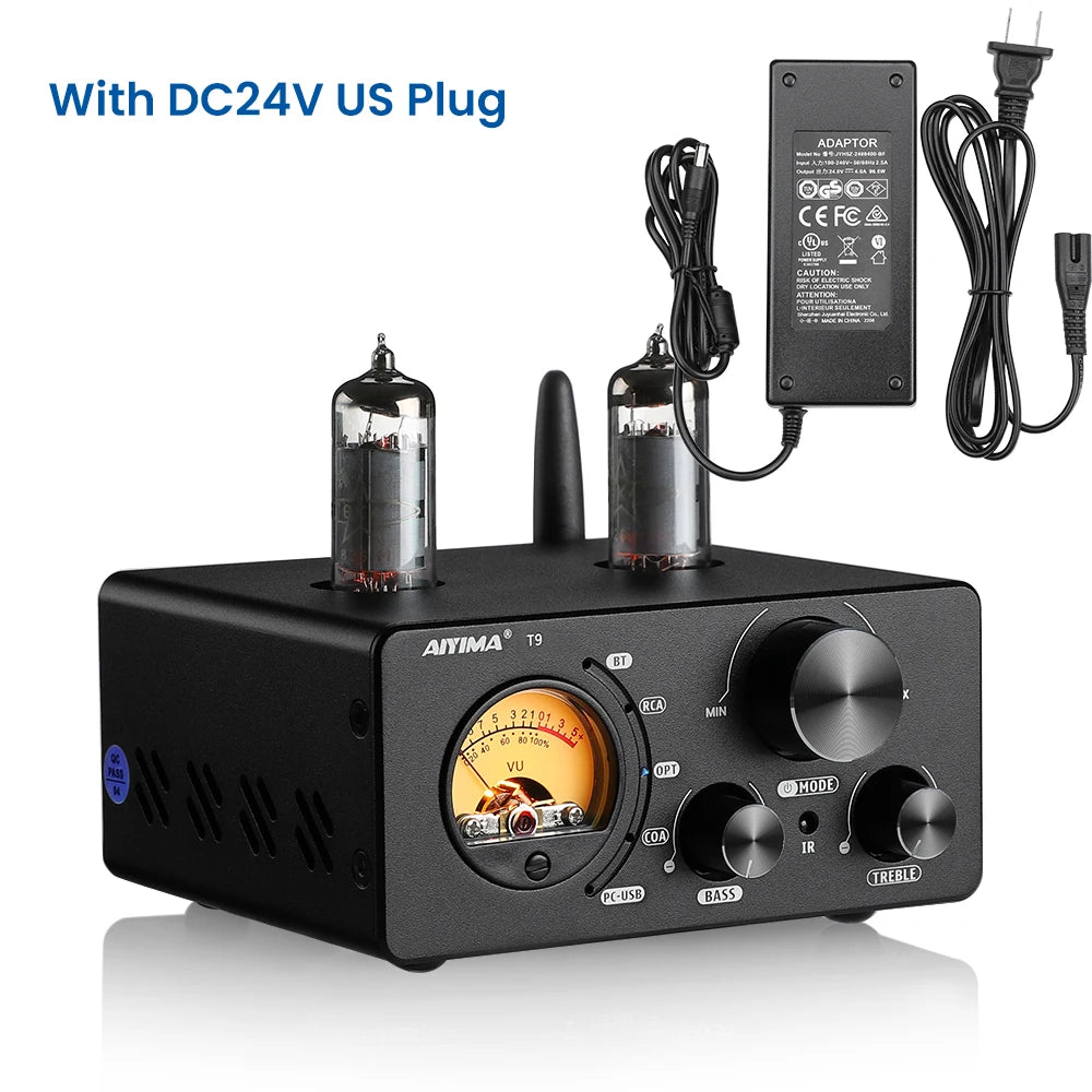AIYIMA-Amplificador De Tubo De Vácuo, USB DAC Estéreo, HiFi Bluetooth 5.0, Coaxial OPT VU Amplificador De Medidor Alto-falante, Áudio T9