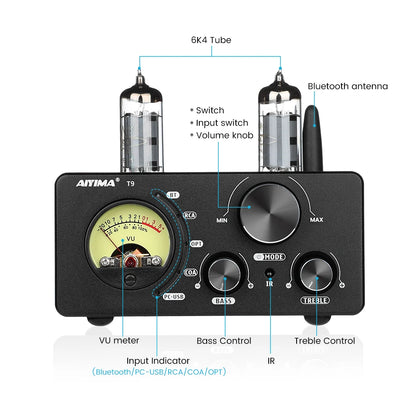 AIYIMA-Amplificador De Tubo De Vácuo, USB DAC Estéreo, HiFi Bluetooth 5.0, Coaxial OPT VU Amplificador De Medidor Alto-falante, Áudio T9