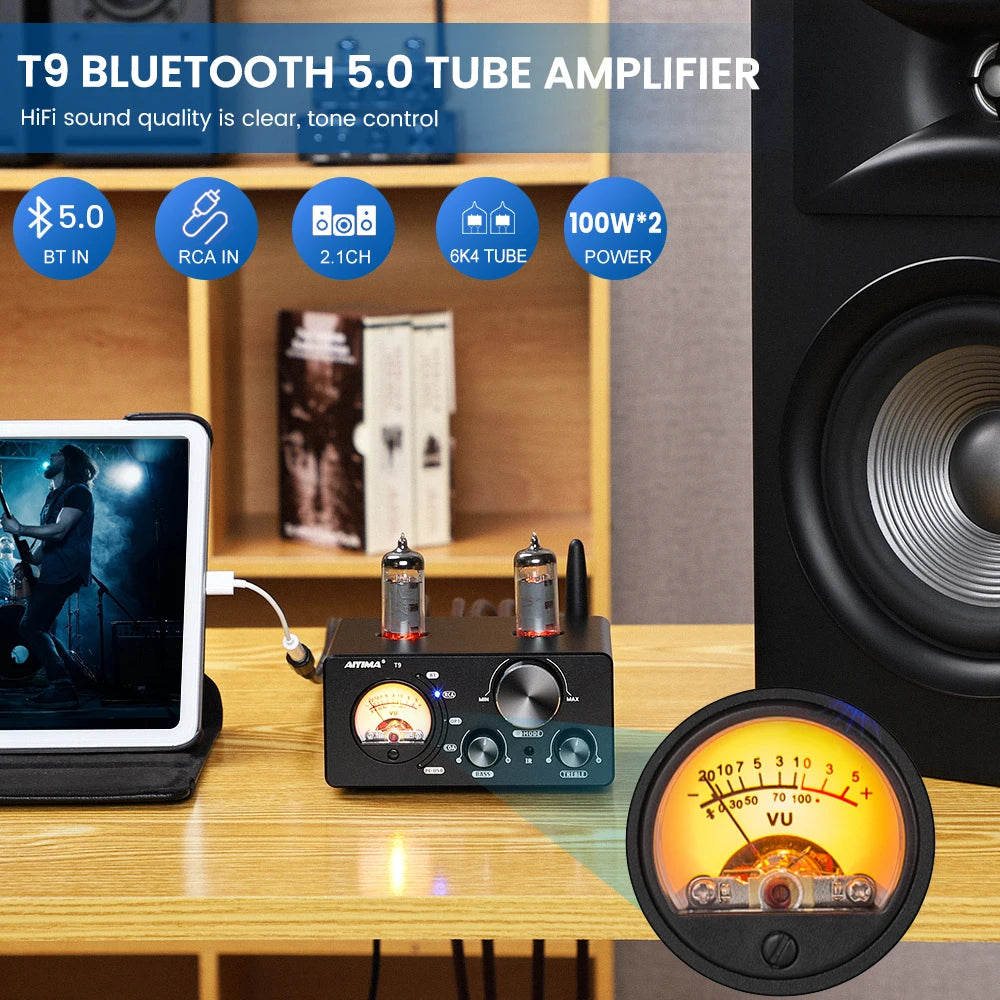 AIYIMA-Amplificador De Tubo De Vácuo, USB DAC Estéreo, HiFi Bluetooth 5.0, Coaxial OPT VU Amplificador De Medidor Alto-falante, Áudio T9